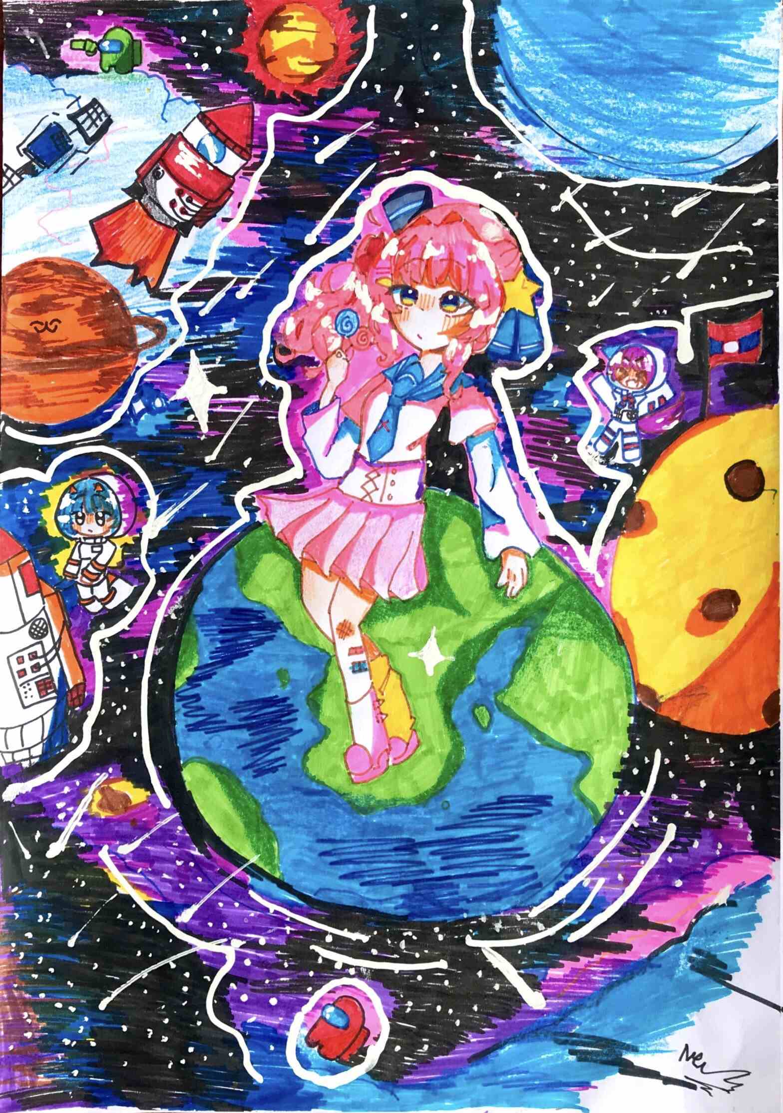 航天日绘画作品《太空走秀》,老挝玛尼歌松·辛哈拉 航天日绘画作品《太空走秀》,老挝玛尼歌松·辛哈拉